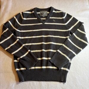 Abercrombie & Fitch Mens L Sweater Gray Striped V‎ Neck Knit Pullover Preppy Y2K